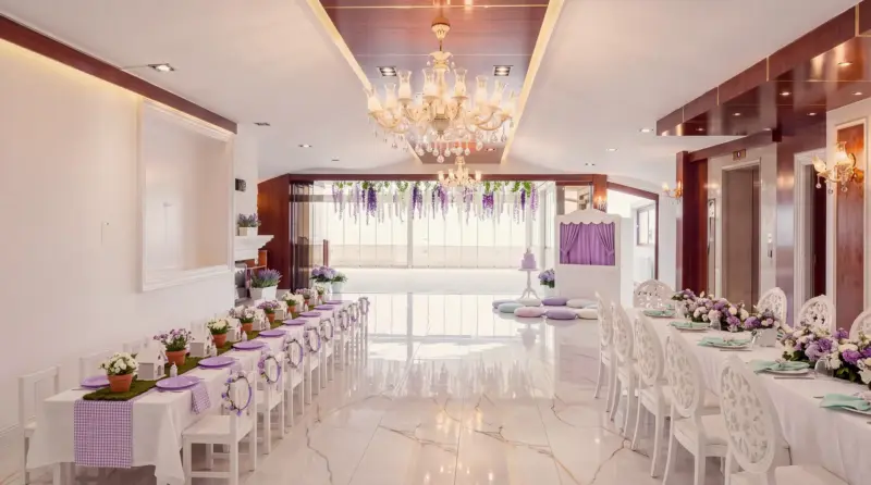 Fairy Tale concept for a children's birthday: full-length view of the hall from the buffet end