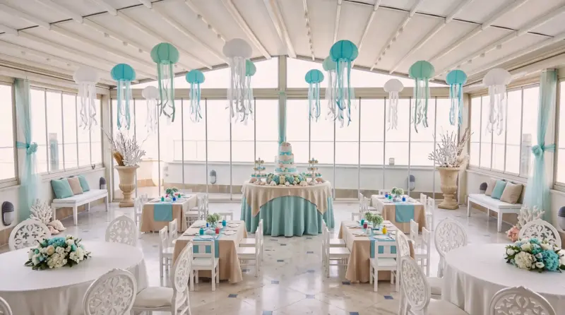 Ocean concept for a children's birthday: jellyfish lanterns and cake island on the terrace