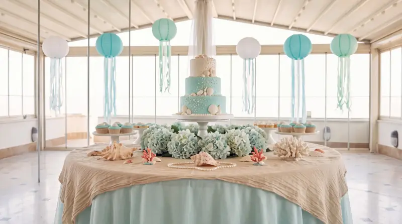 Ocean concept for a children's birthday: close-up of the cake island