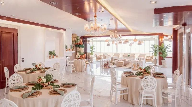 Safari concept for a children's birthday: diagonal view of the hall from the buffet corner
