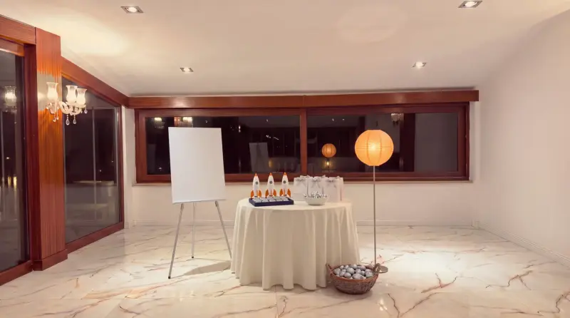 Space concept for a children's birthday: space mission table in the welcome area