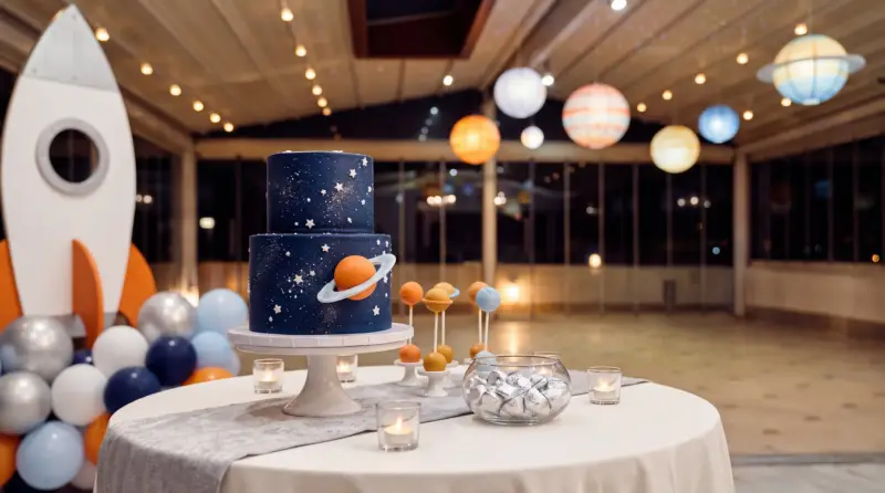 Space concept for a children's birthday: close-up of the cake and rocket