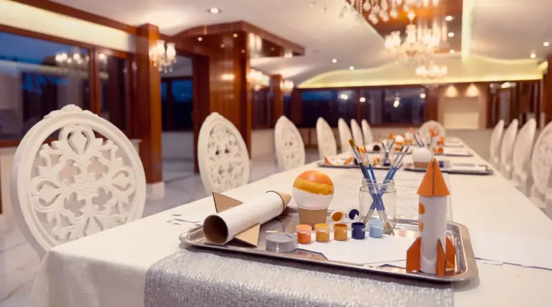 Space concept for a children's birthday: close-up of the rocket workshop