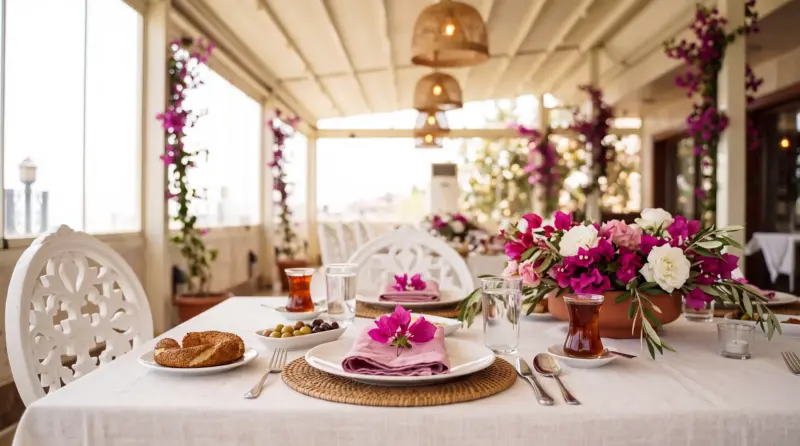 Bougainvillea concept for an adult birthday: close-up of the brunch table