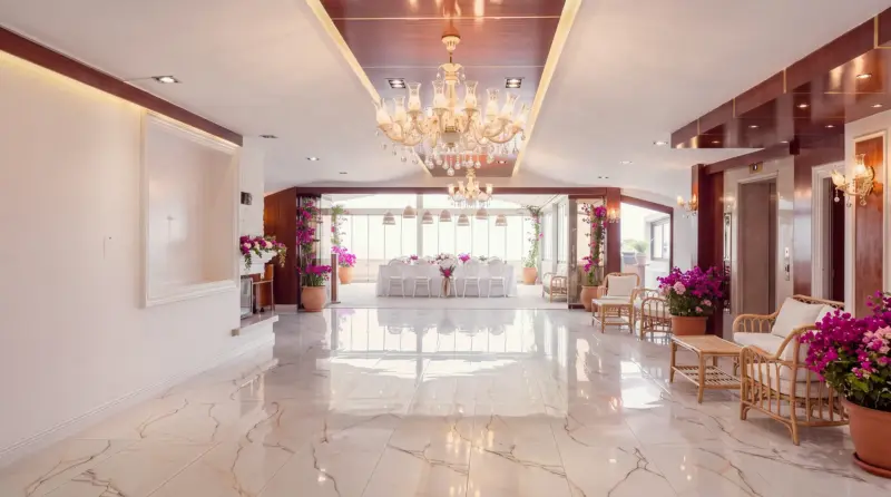 Bougainvillea concept for an adult birthday: full-length view of the hall from the buffet end