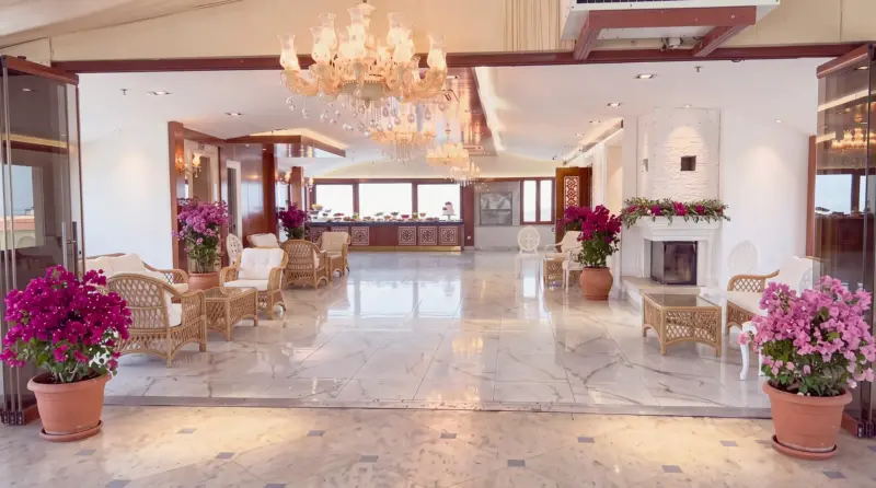 Bougainvillea concept for an adult birthday: overall view from the terrace into the hall
