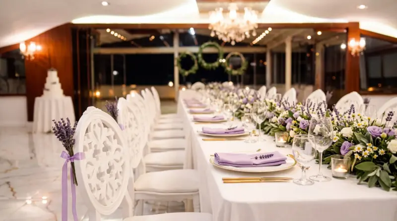 Lavender concept for an adult birthday: close-up of a place setting with lavender