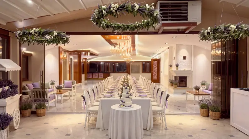 Lavender concept for an adult birthday: view from the centre of the terrace into the hall