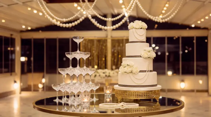Champagne concept for an adult birthday: close-up of the champagne tower and cake